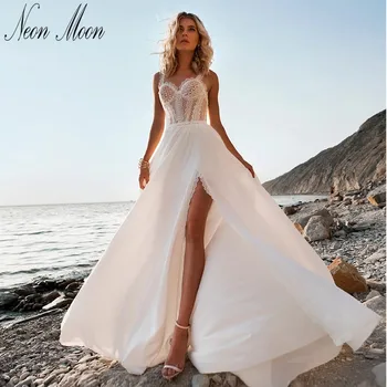 Boho 2022Women Vestuvių Suknelė-line Nėrinių Stebėjimo Rankovių Backless Spagečiai Dirželiai Padalinta Sijonas Paplūdimio Grindų ilgis Vestido