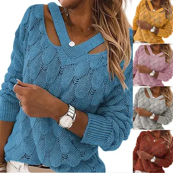 Moterims Megztiniai megztinis Rudenį, Žiemą Long Sleeve V-Kaklo Megzti Megztinis Tuščiaviduriai Iš Plunksnų moteriški Drabužiai traukti femme 2021