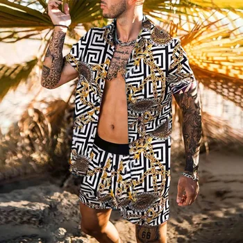 Tiktų Vyrų Naujas Vasaros Paplūdimio Stiliaus Laisvi Marškinėliai Havajų Atsitiktinis Trumpas Rankovės Šortai Tiktų Vyrų Spausdinimo 2-Piece Set